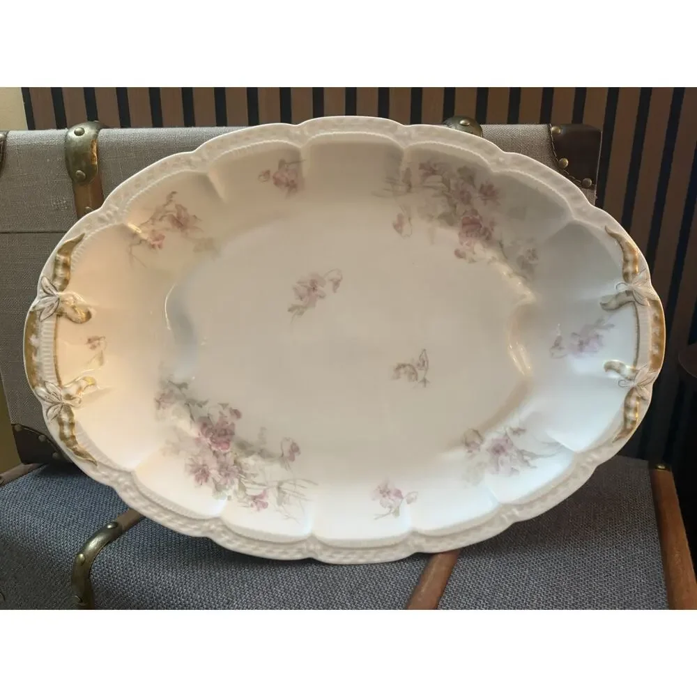 Antique Haviland Limoges Platter Pink Roses Gold Handles D.F. Richardson Detroit